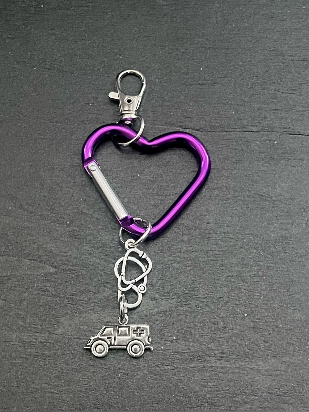 Purple Heart Carabiner Keychain with Medical Ambulance Charm